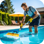 Nettoyage d'une piscine avec une brosse pour éviter la stagnation de l'eau et éliminer les débris, une méthode de prévention contre les guêpes.
