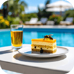 Guêpe attirée par une part de gâteau près d'une piscine, illustrant pourquoi ces insectes sont présents autour des zones de loisir.