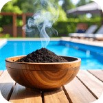 Café moulu qui se consume dans un bol à côté d'une piscine, une astuce naturelle pour repousser les guêpes.